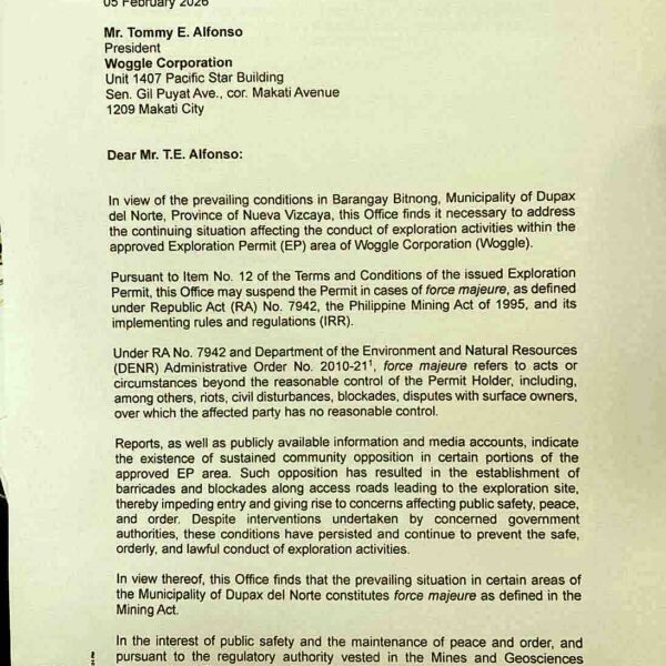 MGB temporarily suspends Woggle Corp exploration activities in Nueva Vizcaya